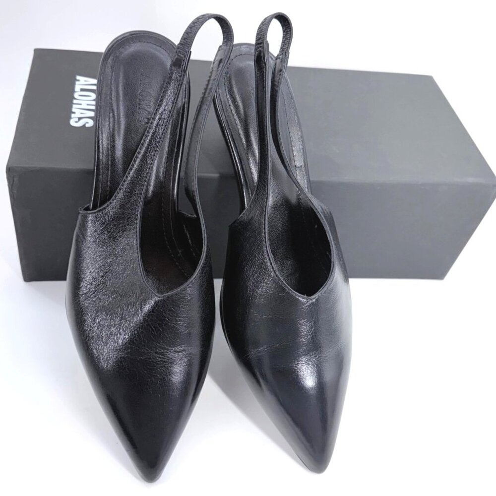 Aloha Eros Black Leather Pumps Kitten heel Pointed Toe Women Size 37